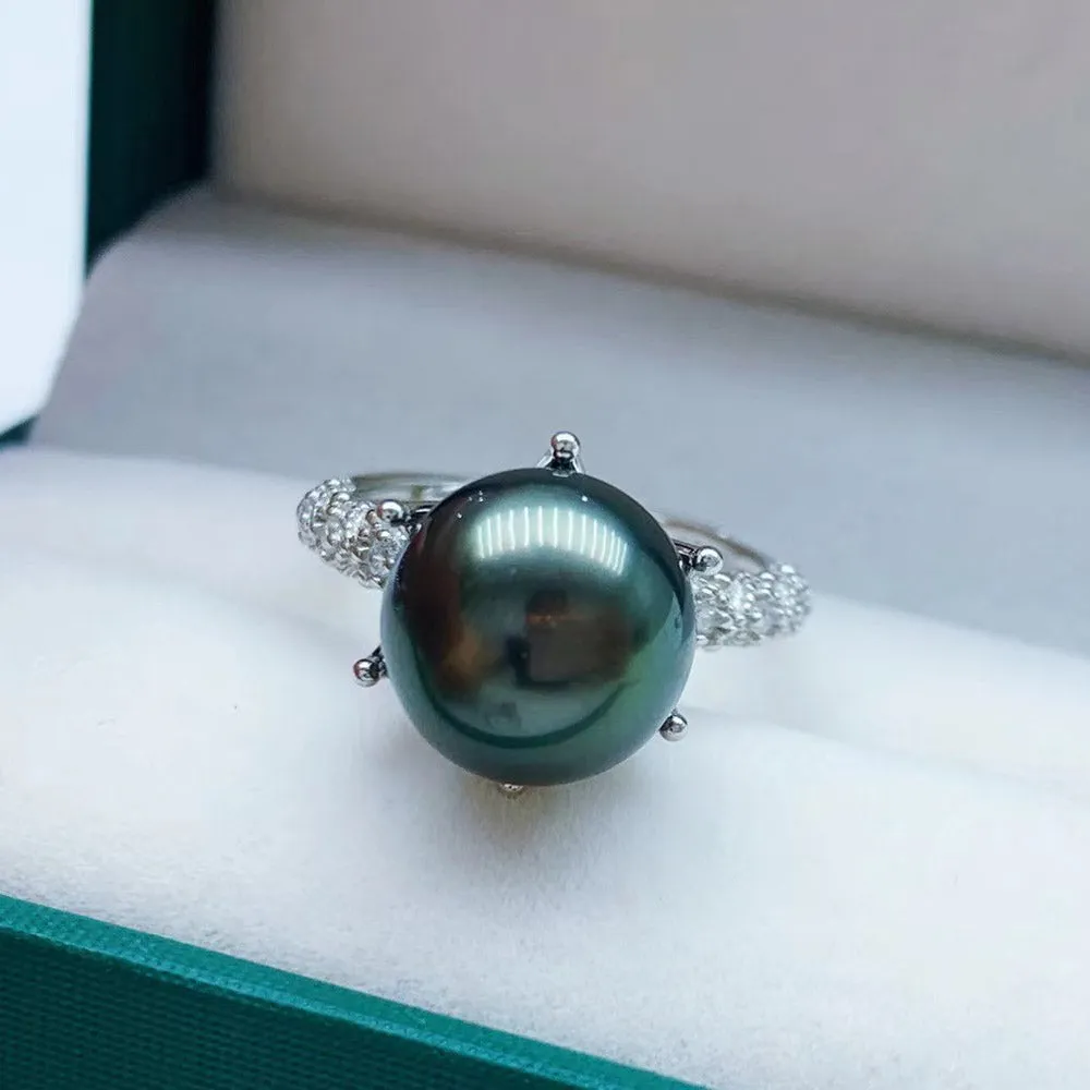 10-11MM Versatile High Quality Seawater Round Tahiti Pearl 925 Sterling Silver 6-Claw Ring