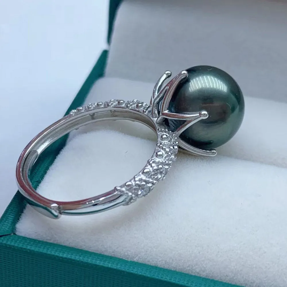 10-11MM Versatile High Quality Seawater Round Tahiti Pearl 925 Sterling Silver 6-Claw Ring