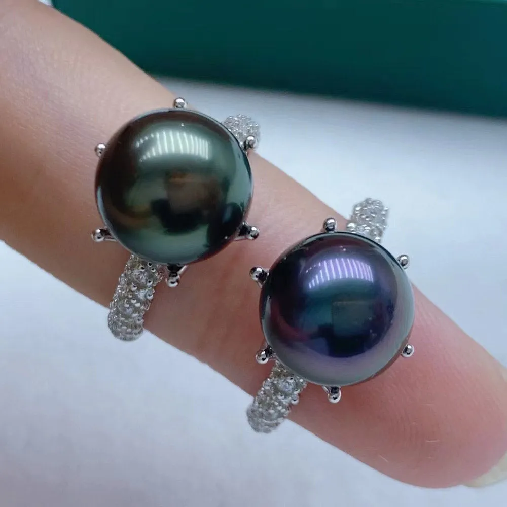 10-11MM Versatile High Quality Seawater Round Tahiti Pearl 925 Sterling Silver 6-Claw Ring