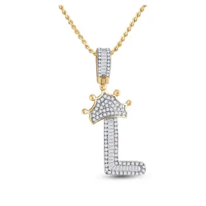 10kt Yellow Gold Men's Baguette Diamond Crown L Letter Charm Pendant 1/2 Cttw