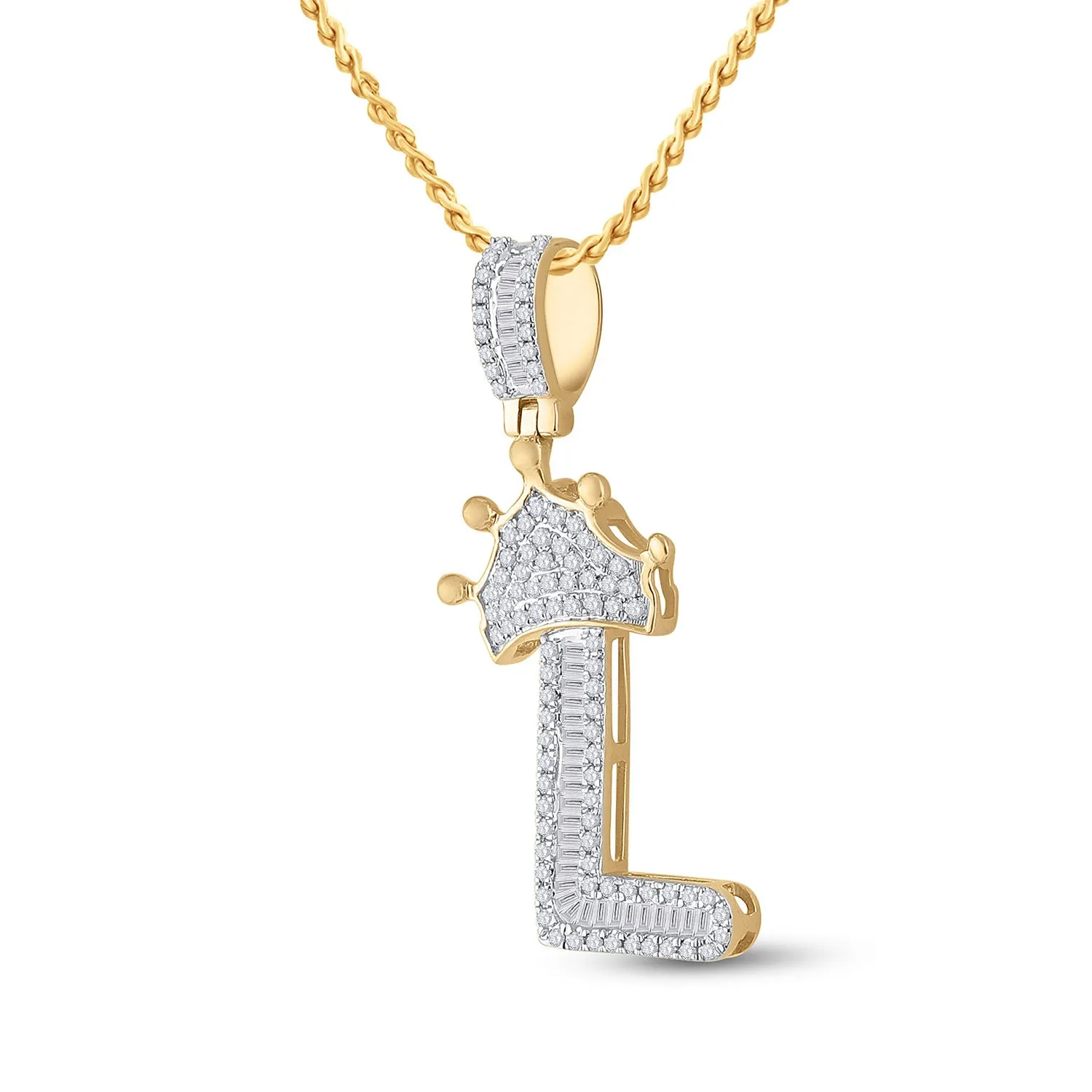 10kt Yellow Gold Men's Baguette Diamond Crown L Letter Charm Pendant 1/2 Cttw