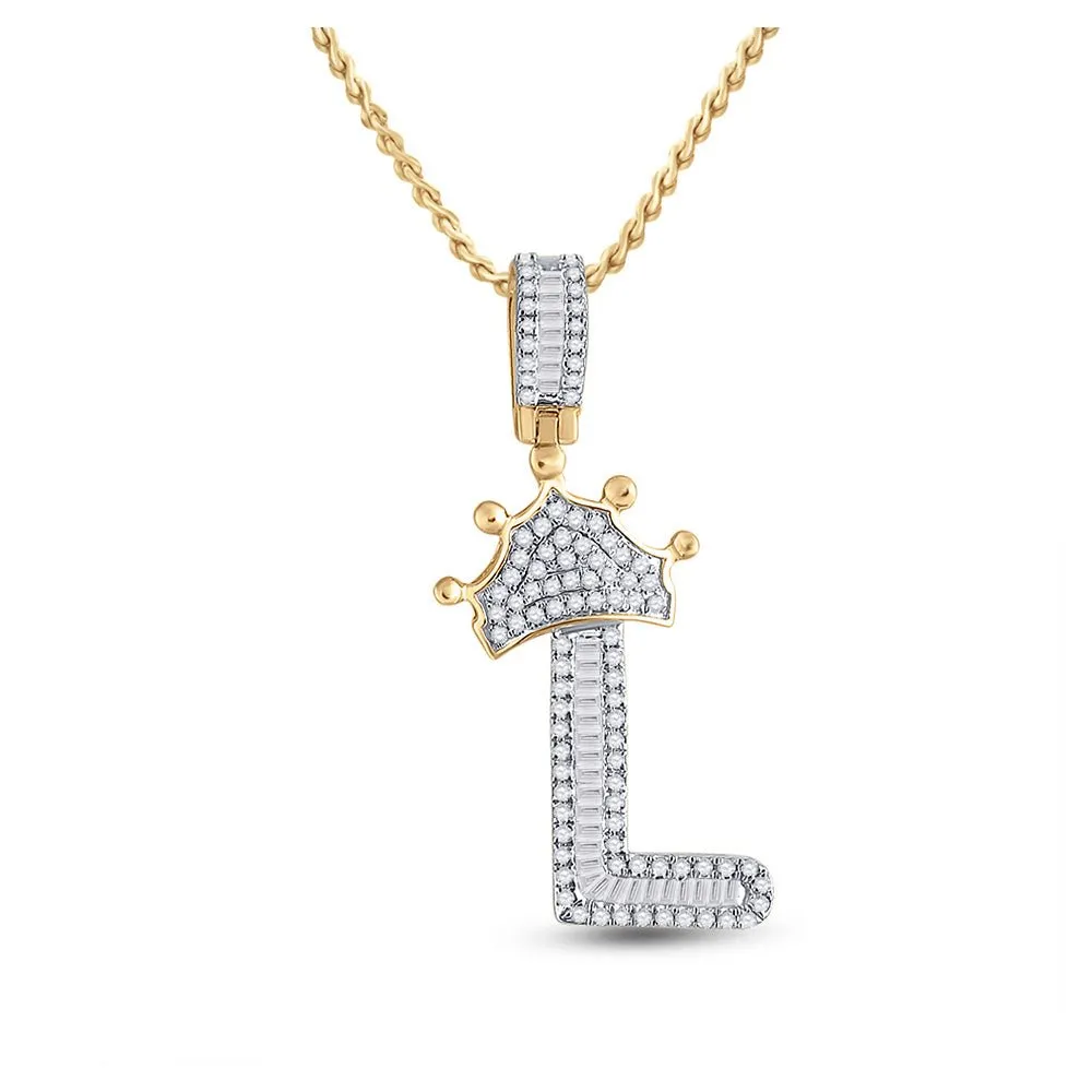 10kt Yellow Gold Men's Baguette Diamond Crown L Letter Charm Pendant 1/2 Cttw
