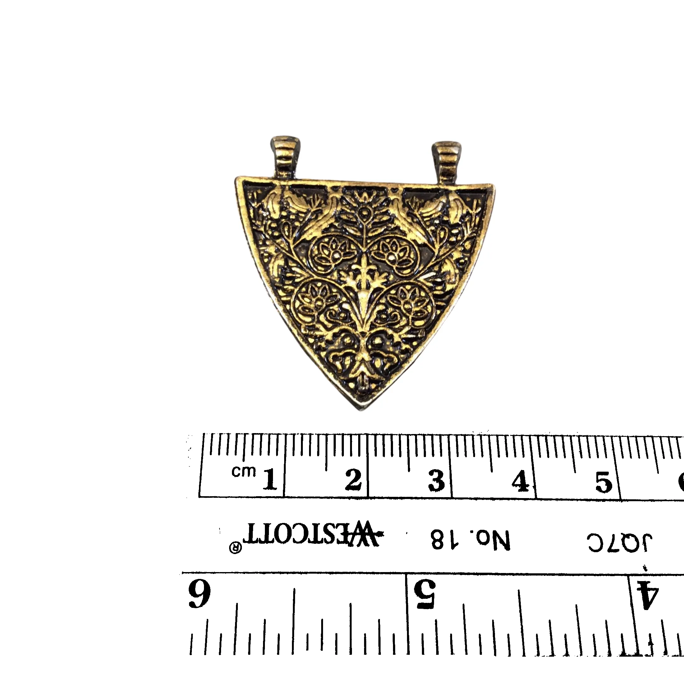 1.25" Oxidized Brass Detailed Floral Triangle  Shaped Pendant with Double Attached Bails  - ~ 35mm x 37mm, Approx. - Sold Individually