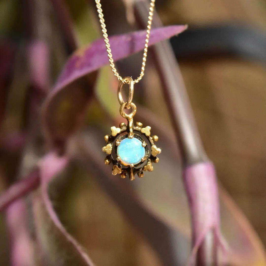 14K Opal Starburst Pendants, Mini Ornate Gemstone Charms, Dainty Gold Necklace Pendants, Art Deco Style