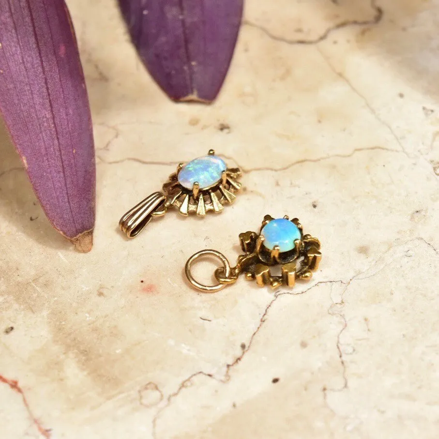 14K Opal Starburst Pendants, Mini Ornate Gemstone Charms, Dainty Gold Necklace Pendants, Art Deco Style