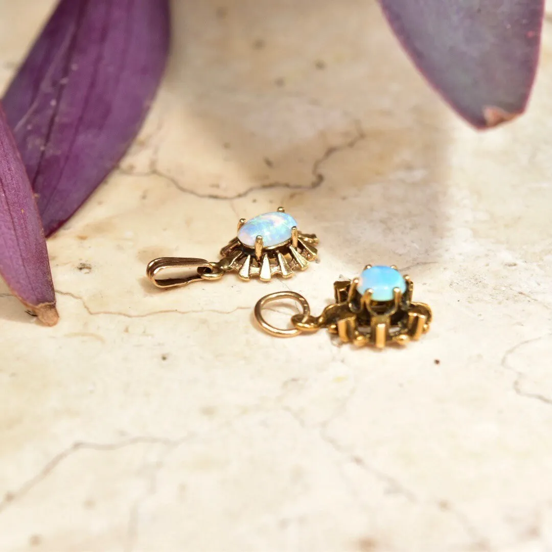14K Opal Starburst Pendants, Mini Ornate Gemstone Charms, Dainty Gold Necklace Pendants, Art Deco Style