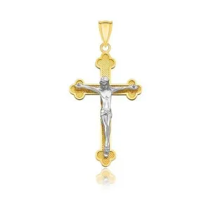 14k Two-Tone Gold Budded Crucifix with Figure Pendant