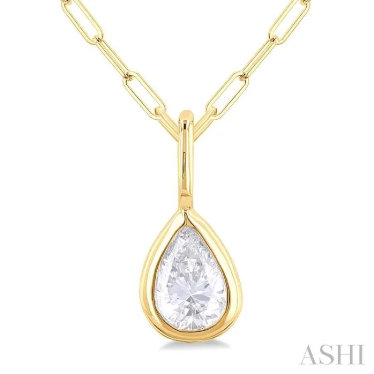 1/5 ctw Pear Cut Bezel Set Diamond Fashion Pendant With Paperclip Chain in 14K yellow Gold