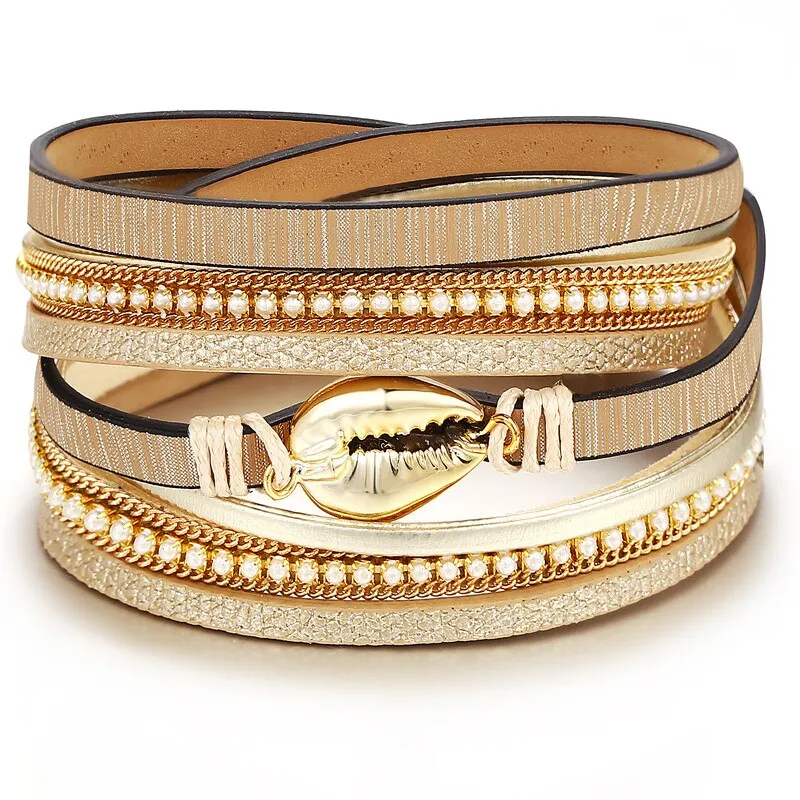 17KM Shell Leather Bracelets For Women Multiple Layers Charm Wide Wrap Gold Bracelet & Bangle  Fashion Friendship Jewelry