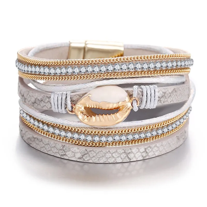 17KM Shell Leather Bracelets For Women Multiple Layers Charm Wide Wrap Gold Bracelet & Bangle  Fashion Friendship Jewelry