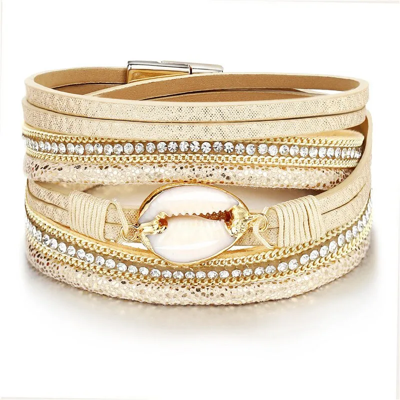 17KM Shell Leather Bracelets For Women Multiple Layers Charm Wide Wrap Gold Bracelet & Bangle  Fashion Friendship Jewelry
