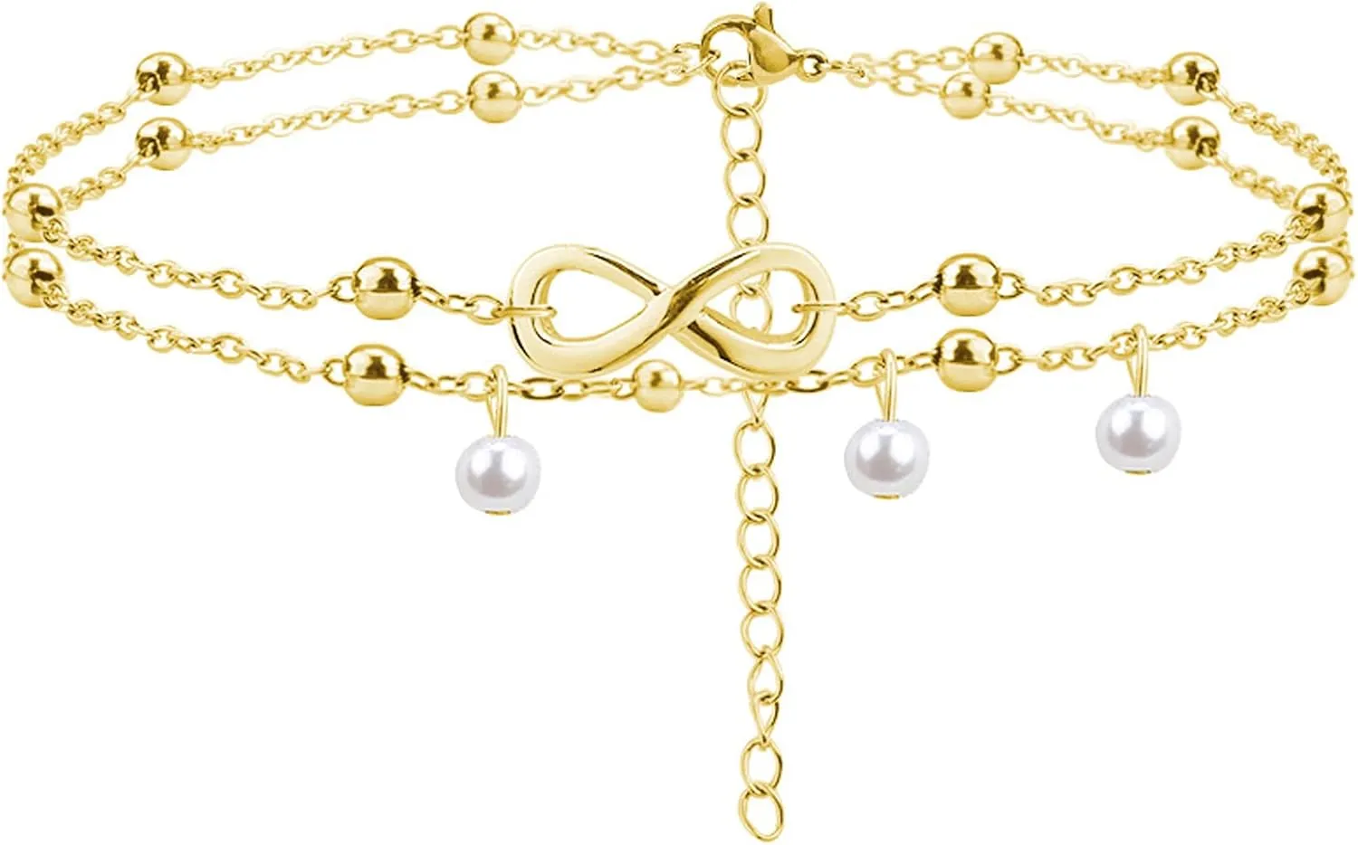 18K Gold Plated Ankle Bracelets for Women Dainty Layered Evil Eye Pearl Heart Gold Anklet for Women Teen Girls Stainless Steel Plus Size Ankle Bracelet Bohemian Foot Beach Jewelry