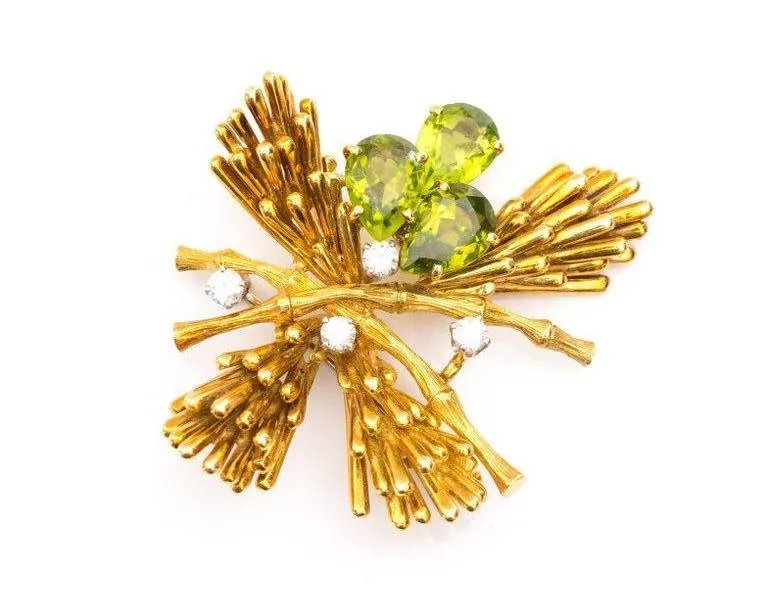 1970s Raymond Yard 18K Gold, Diamond & Peridot Brooch