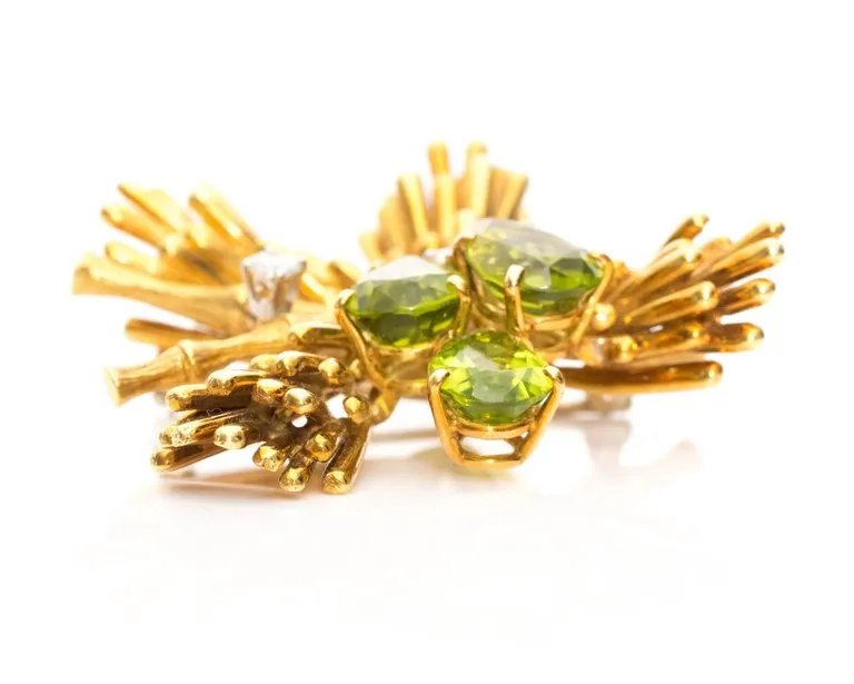 1970s Raymond Yard 18K Gold, Diamond & Peridot Brooch
