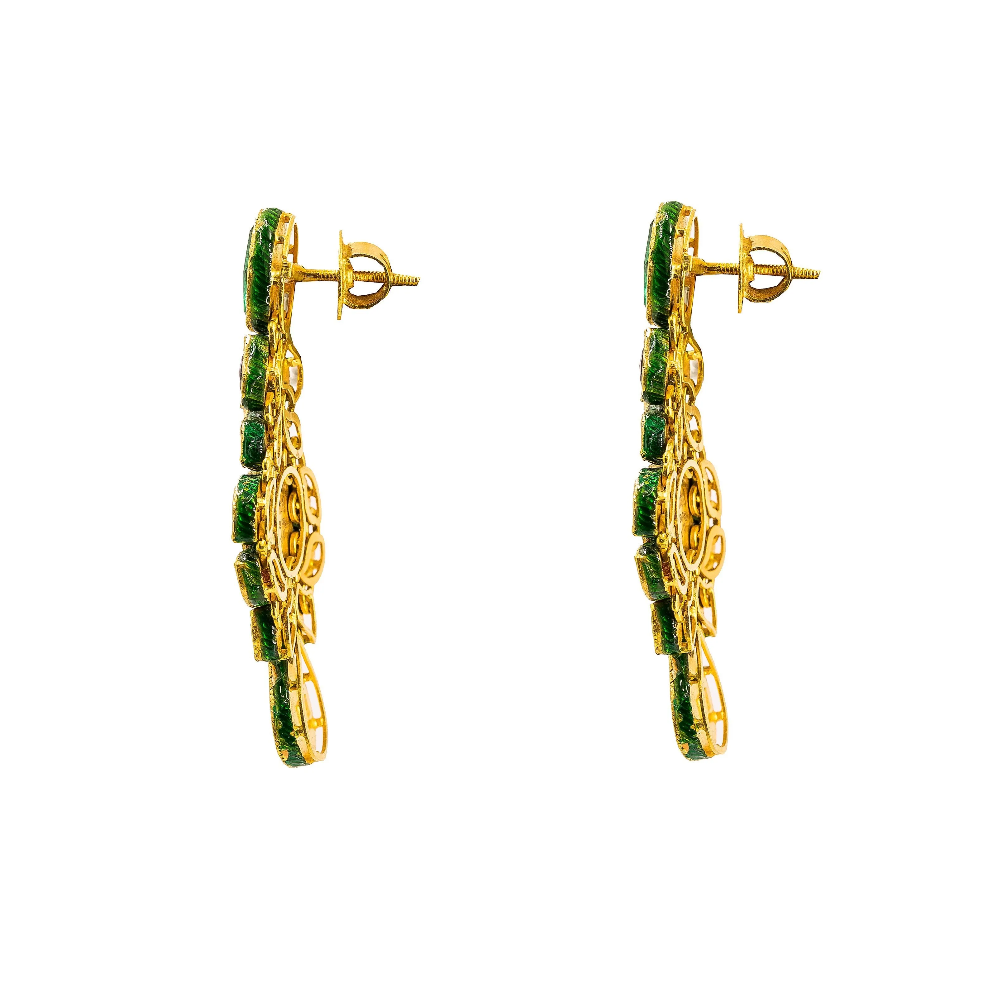 22K Yellow Gold Kundan Necklace & Earrings Set W/ Ornate Pendants & Mango Accents on Collar Necklace