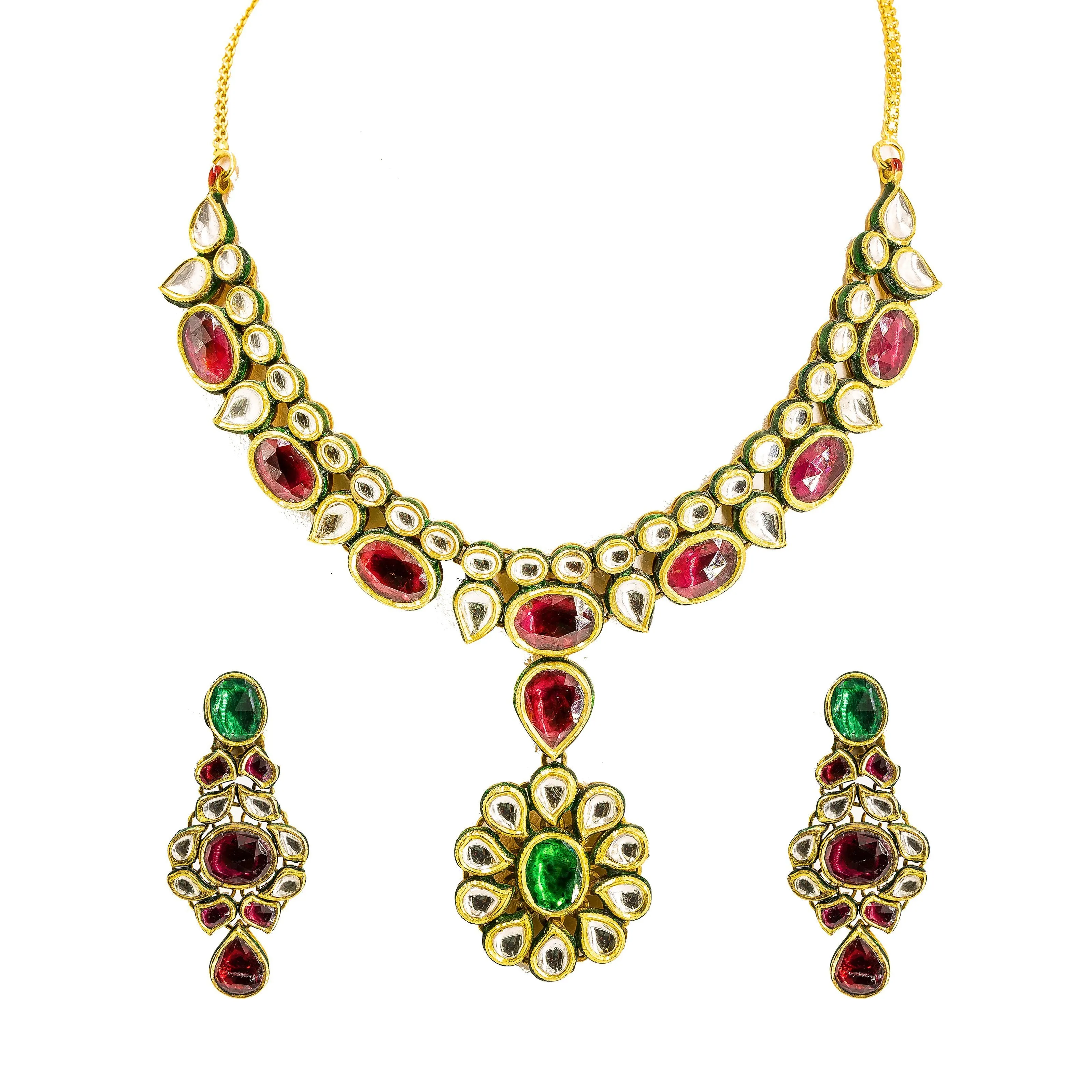 22K Yellow Gold Kundan Necklace & Earrings Set W/ Ornate Pendants & Mango Accents on Collar Necklace