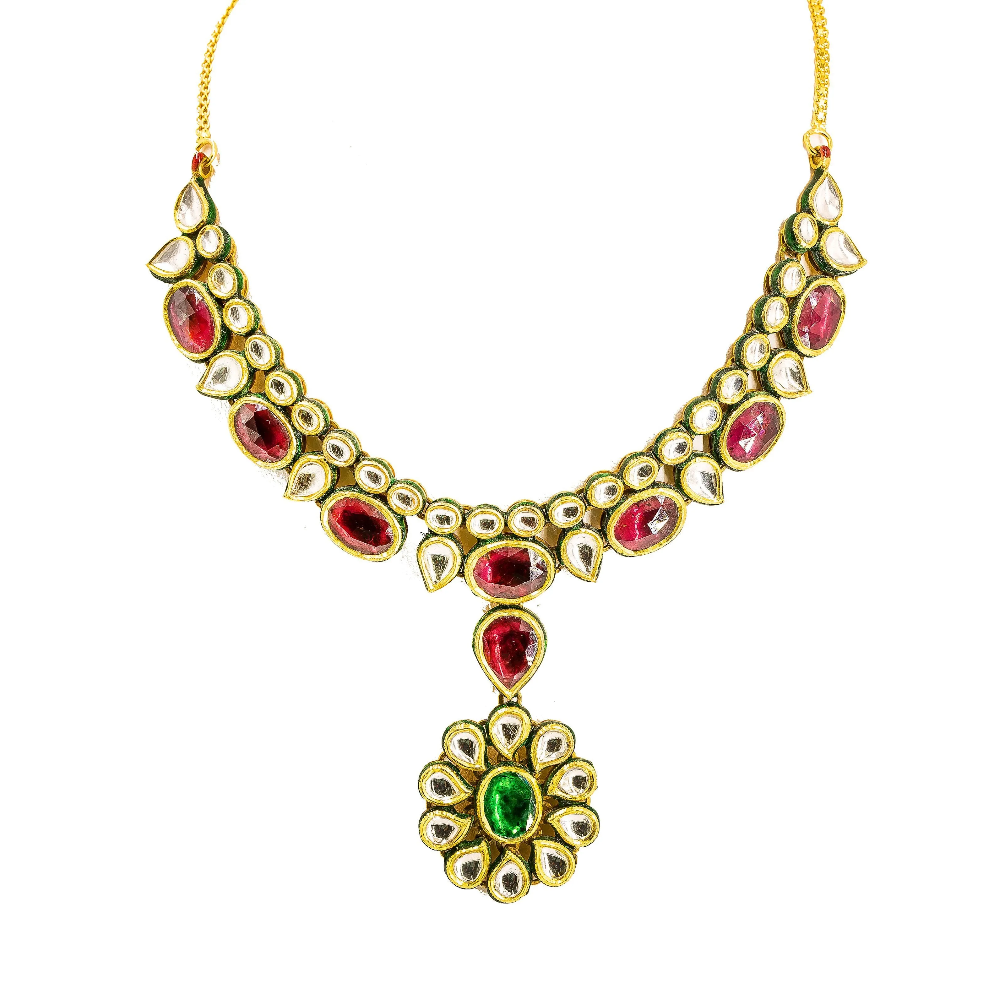 22K Yellow Gold Kundan Necklace & Earrings Set W/ Ornate Pendants & Mango Accents on Collar Necklace
