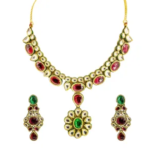 22K Yellow Gold Kundan Necklace & Earrings Set W/ Ornate Pendants & Mango Accents on Collar Necklace
