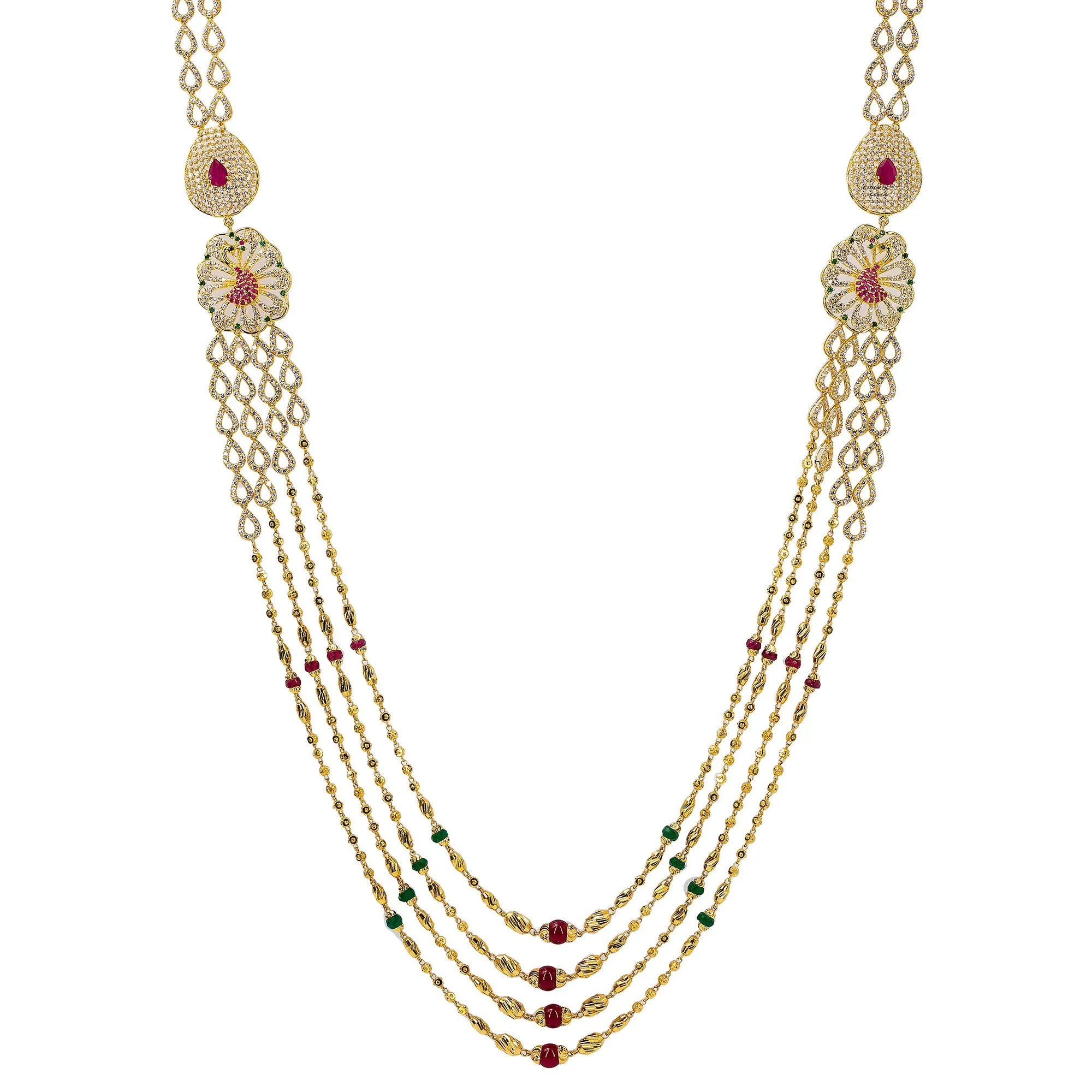 22K Yellow Gold Multi Strand Haaram Necklace W/ Emeralds, Rubies, CZ Gemstones & Side Pendants