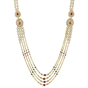 22K Yellow Gold Multi Strand Haaram Necklace W/ Emeralds, Rubies, CZ Gemstones & Side Pendants
