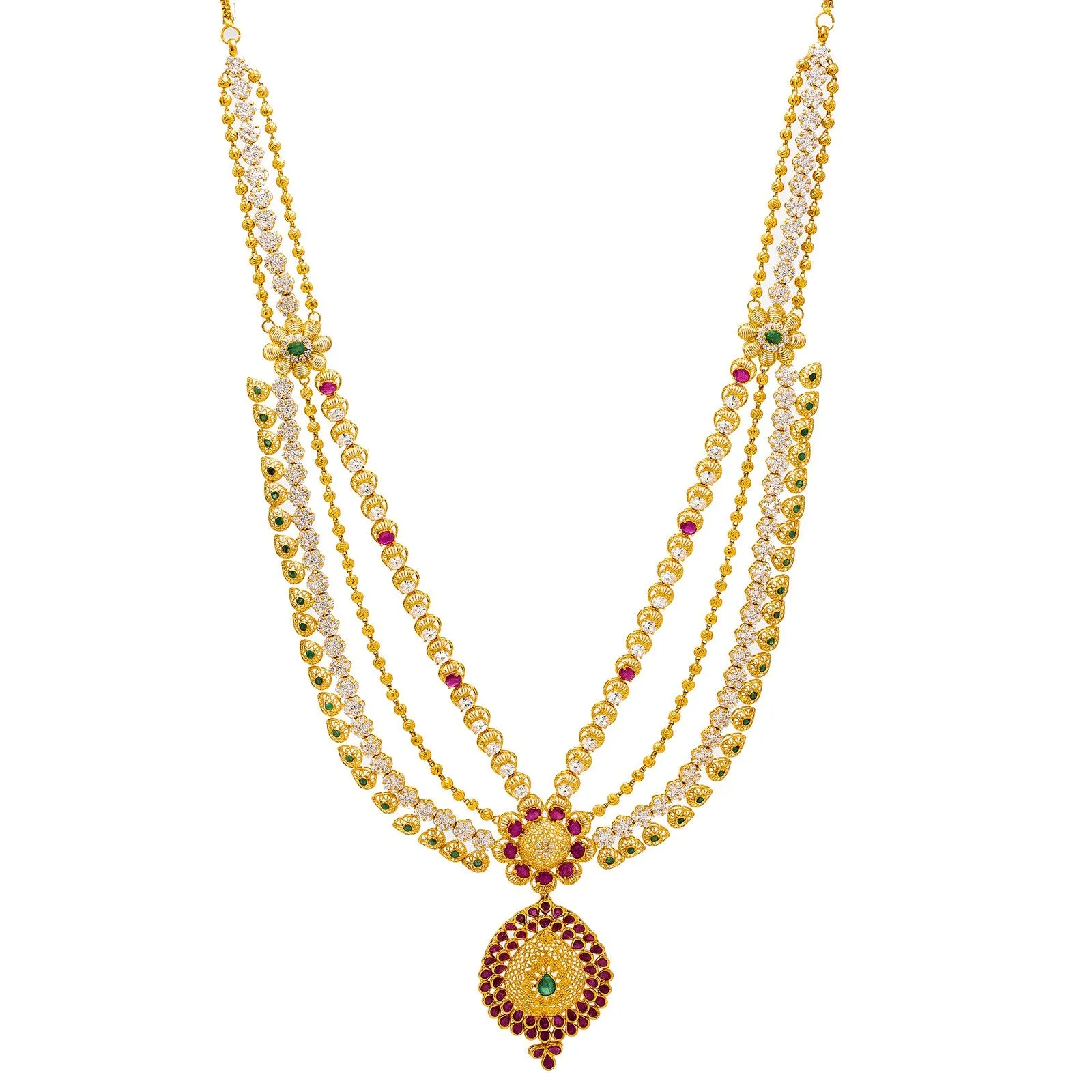 22K Yellow Gold Necklace & Earrings Set W/ Emeralds, Rubies, CZ Gems & Pear Pendants