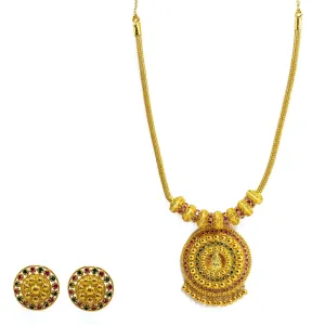 22K Yellow Gold Necklace & Earrings Set W/ Rubies, Emeralds & Round Beaded Laxmi Pendants