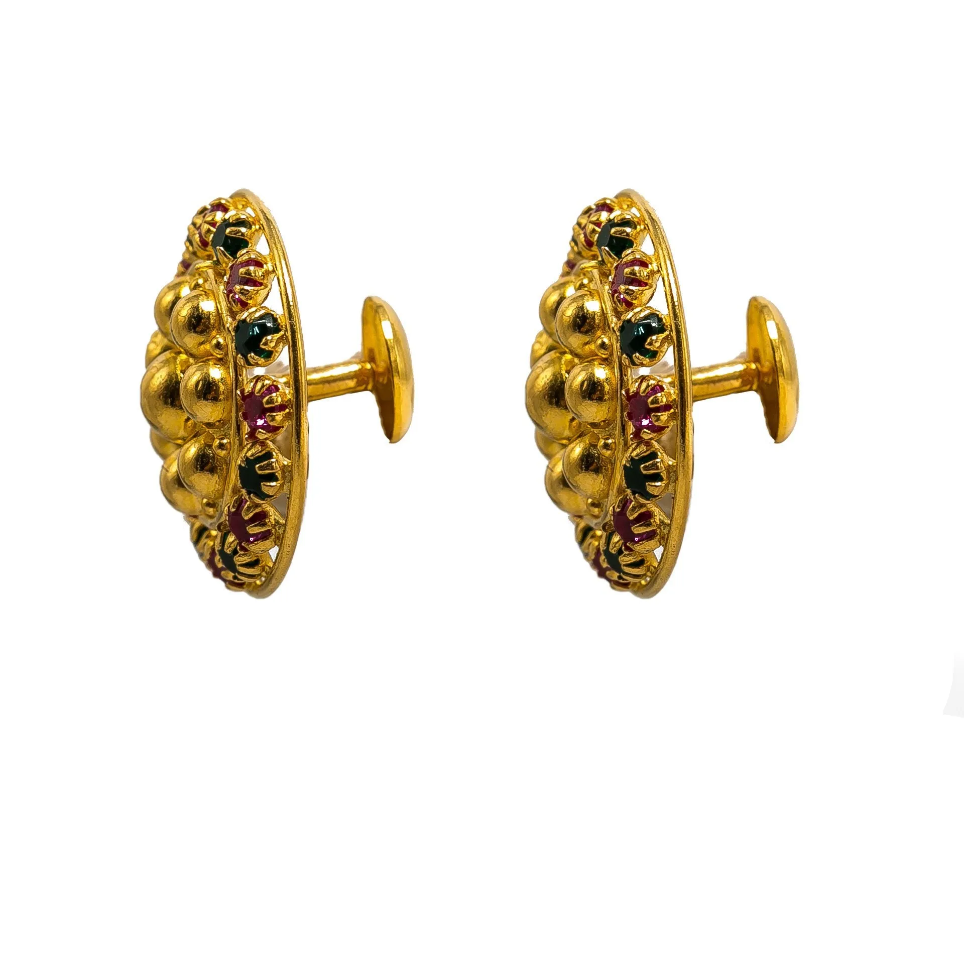 22K Yellow Gold Necklace & Earrings Set W/ Rubies, Emeralds & Round Beaded Laxmi Pendants