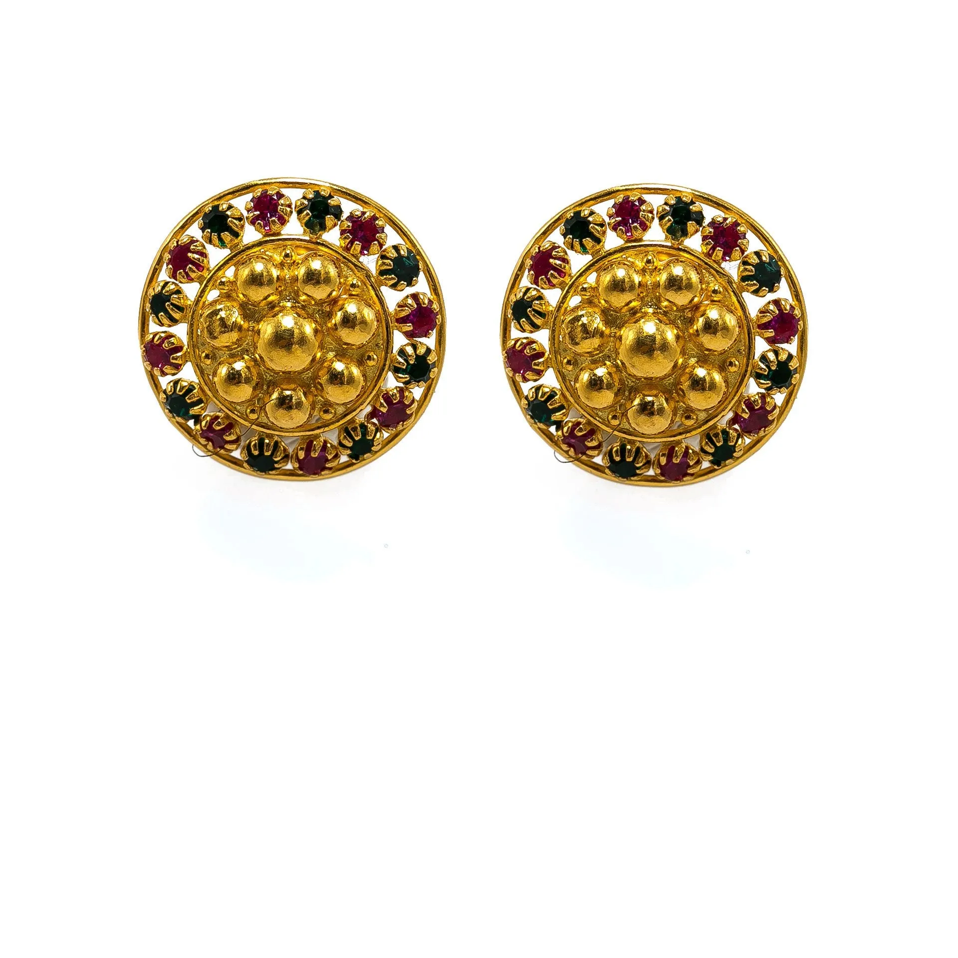 22K Yellow Gold Necklace & Earrings Set W/ Rubies, Emeralds & Round Beaded Laxmi Pendants