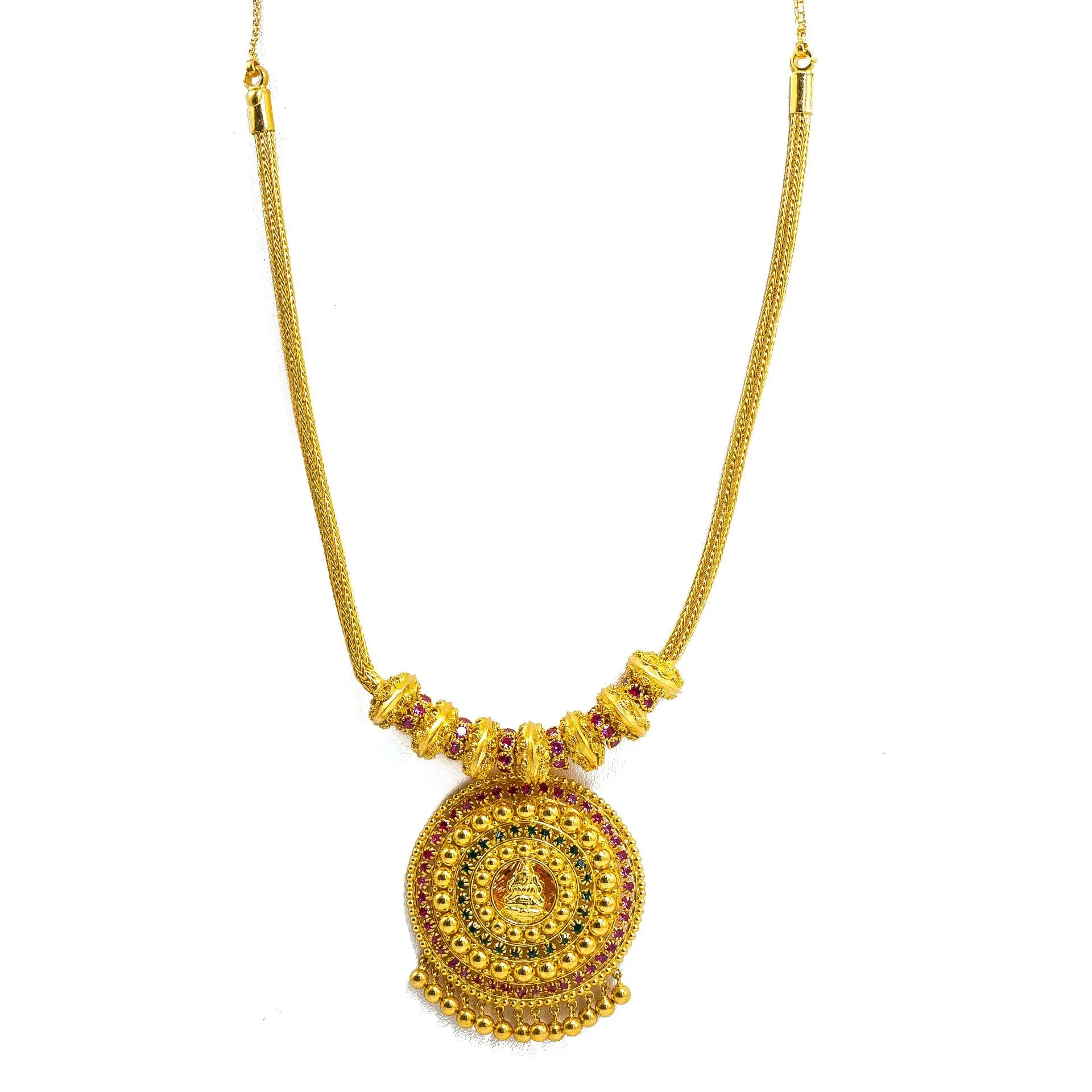 22K Yellow Gold Necklace & Earrings Set W/ Rubies, Emeralds & Round Beaded Laxmi Pendants