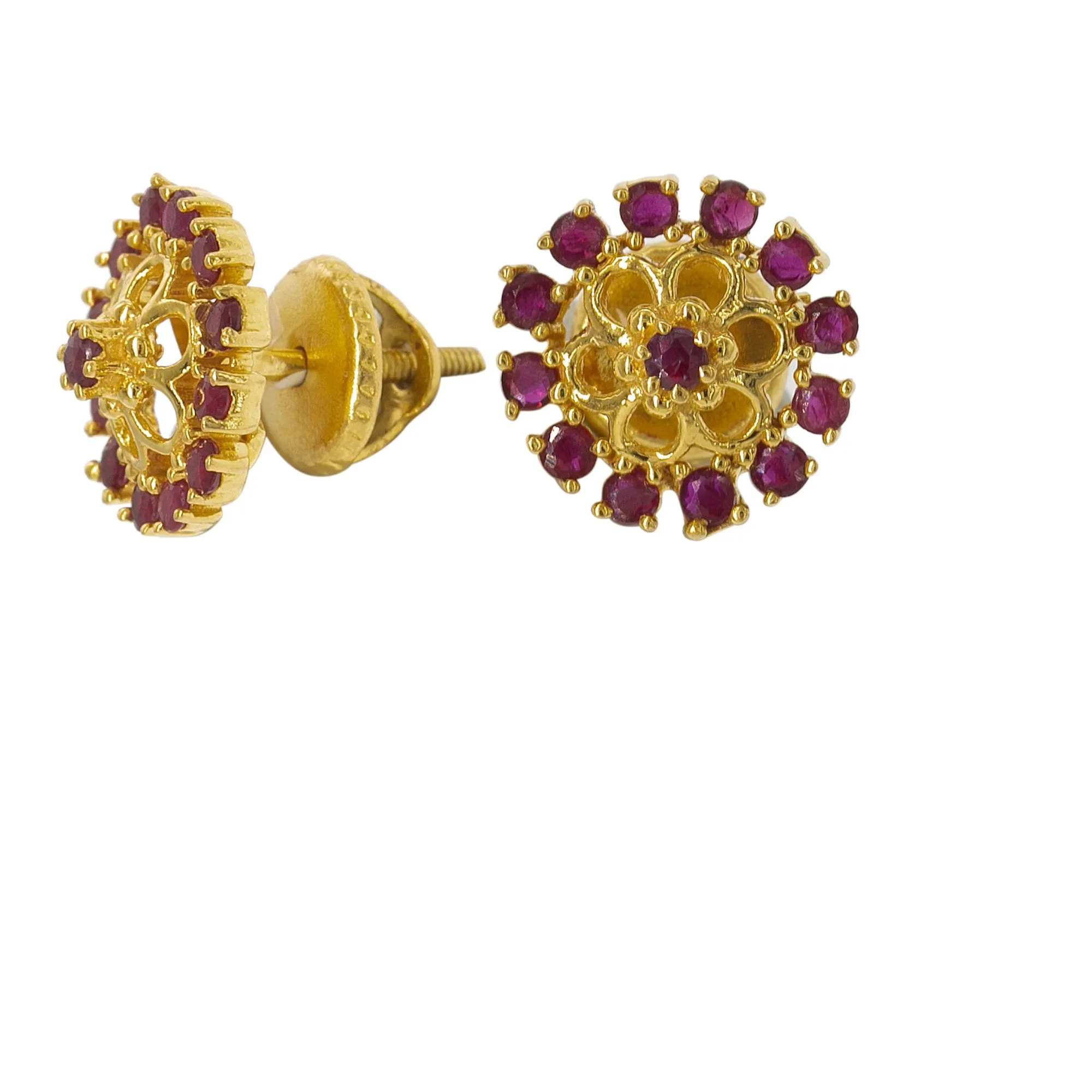 22K Yellow Gold Pendant Necklace & Earrings Set W/ Rubies & Dot-Petal Flowers
