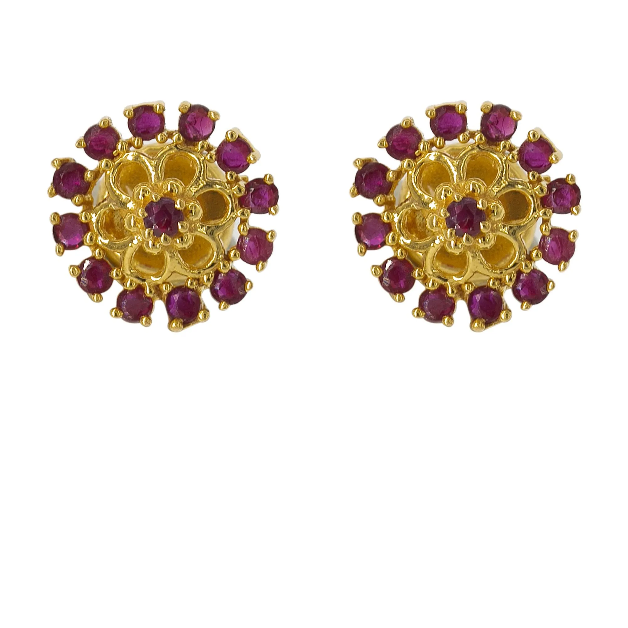22K Yellow Gold Pendant Necklace & Earrings Set W/ Rubies & Dot-Petal Flowers