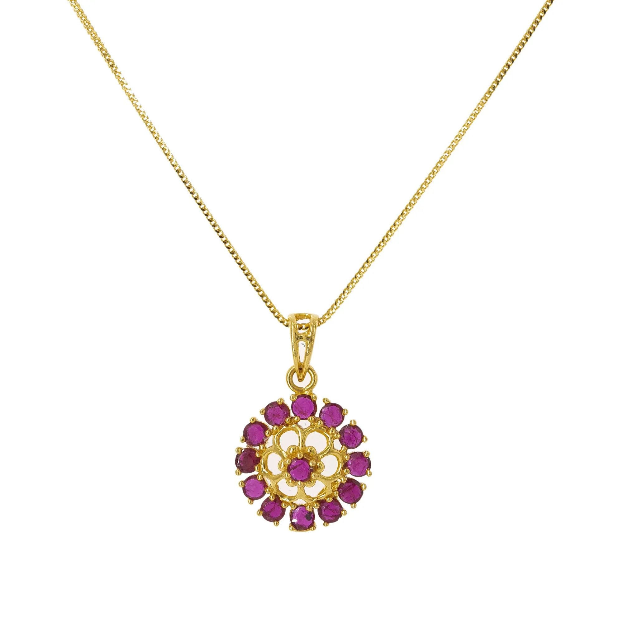 22K Yellow Gold Pendant Necklace & Earrings Set W/ Rubies & Dot-Petal Flowers