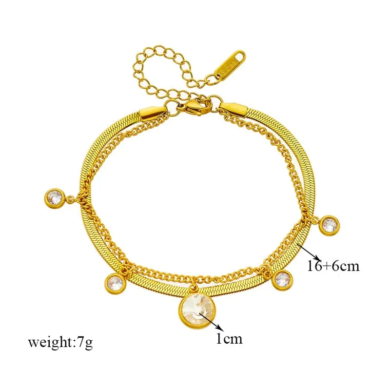 316L Stainless Steel 2-Layer Large White Zircon Crystal Charm Bracelet For Women