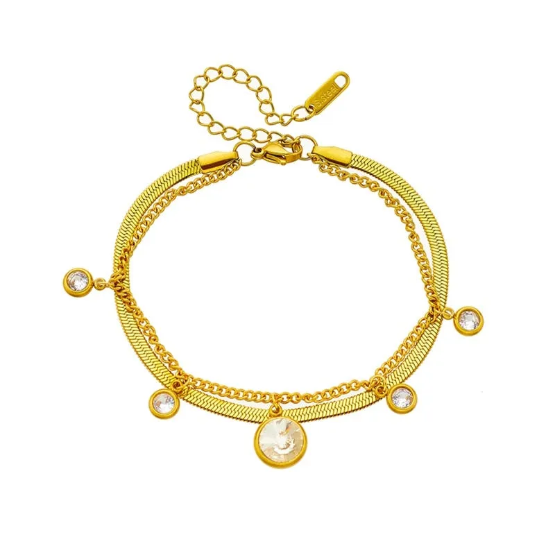 316L Stainless Steel 2-Layer Large White Zircon Crystal Charm Bracelet For Women