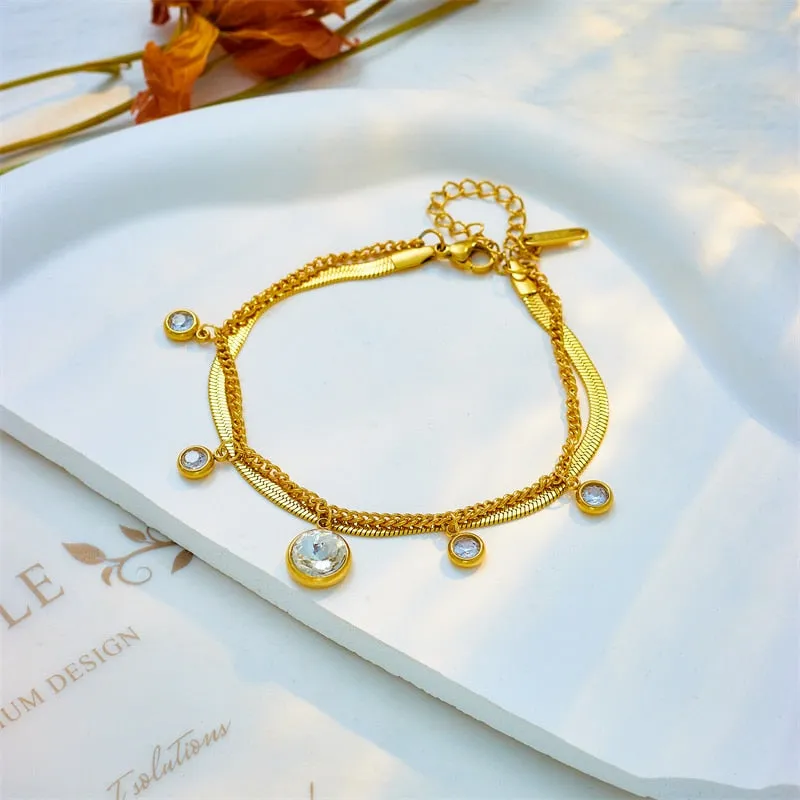 316L Stainless Steel 2-Layer Large White Zircon Crystal Charm Bracelet For Women