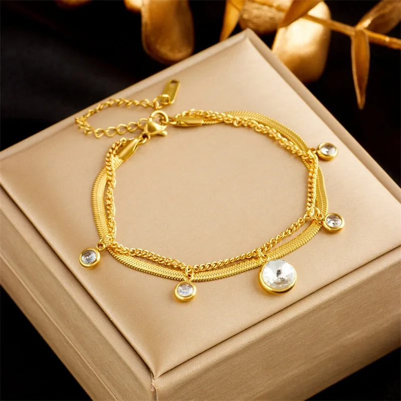 316L Stainless Steel 2-Layer Large White Zircon Crystal Charm Bracelet For Women