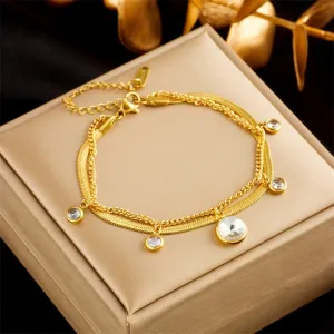 316L Stainless Steel 2-Layer Large White Zircon Crystal Charm Bracelet For Women