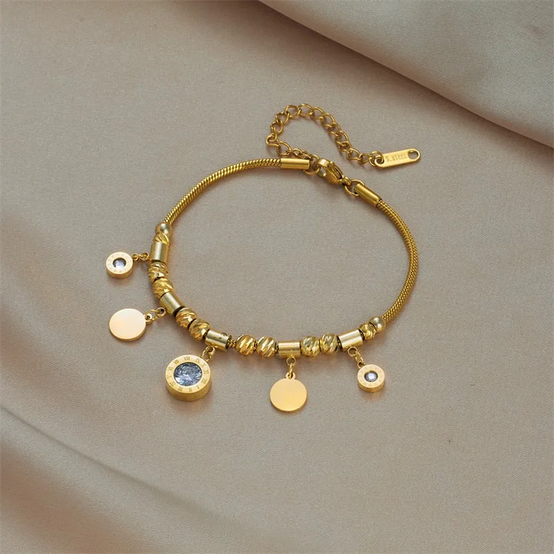 316L Stainless Steel Gold Color Roman Number Zircon Bracelet For Women