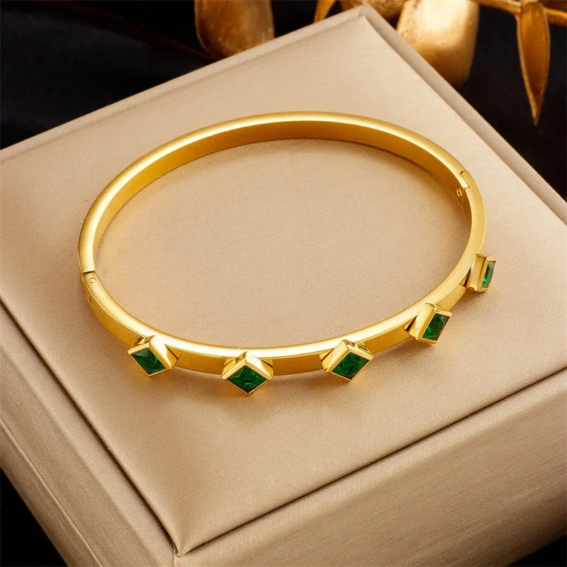 316L Stainless Steel Square Green White Crystal Bangles Bracelet For Women