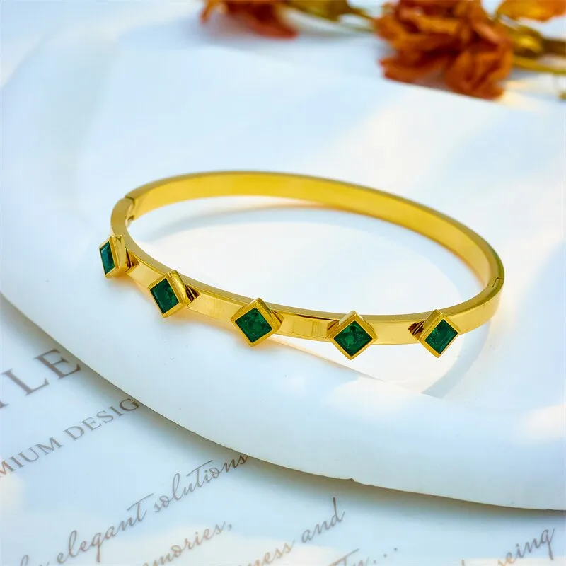 316L Stainless Steel Square Green White Crystal Bangles Bracelet For Women