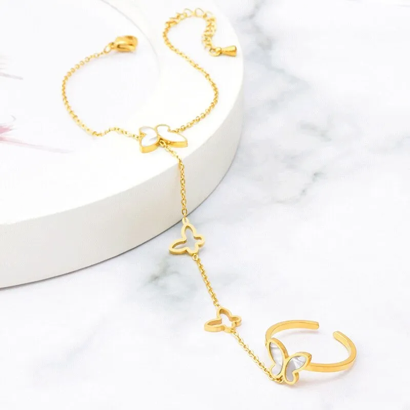 316L Stainless Steel White Shell Butterfly Bracelet Ring One Hand Back Chain