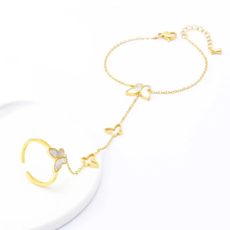316L Stainless Steel White Shell Butterfly Bracelet Ring One Hand Back Chain