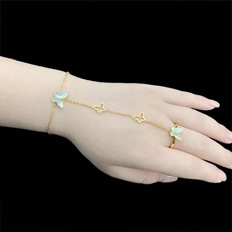316L Stainless Steel White Shell Butterfly Bracelet Ring One Hand Back Chain