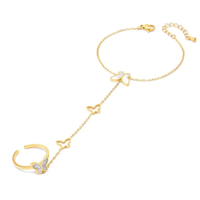 316L Stainless Steel White Shell Butterfly Bracelet Ring One Hand Back Chain
