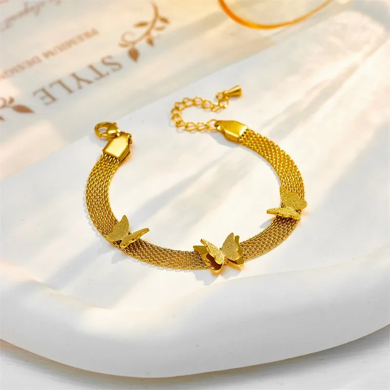 316L Stainless Steel Wide Web Chain Butterfly Charm Bracelet For Women