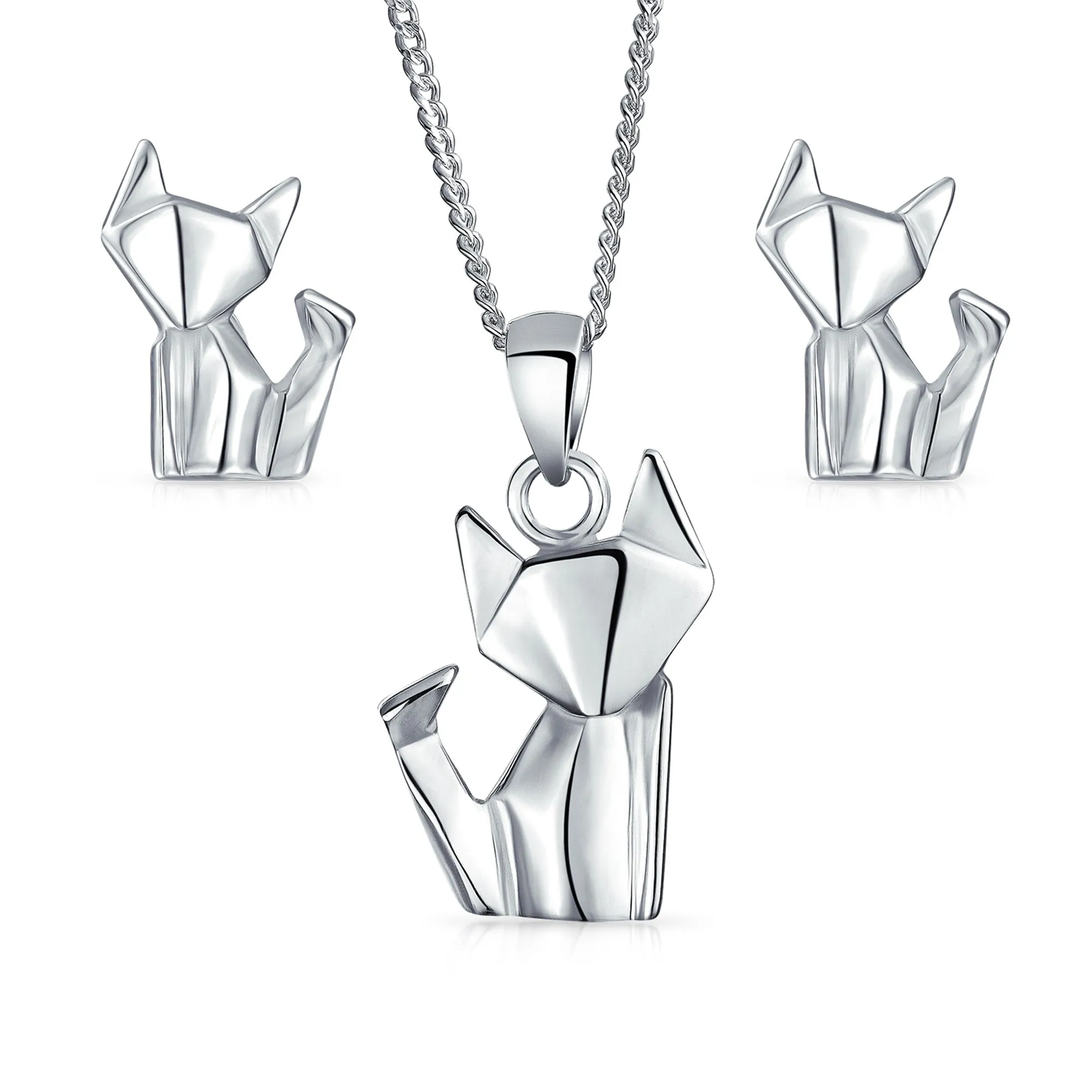 3D Geometric Jewelry Set Cat Earrings & Necklace in Sterling Silver