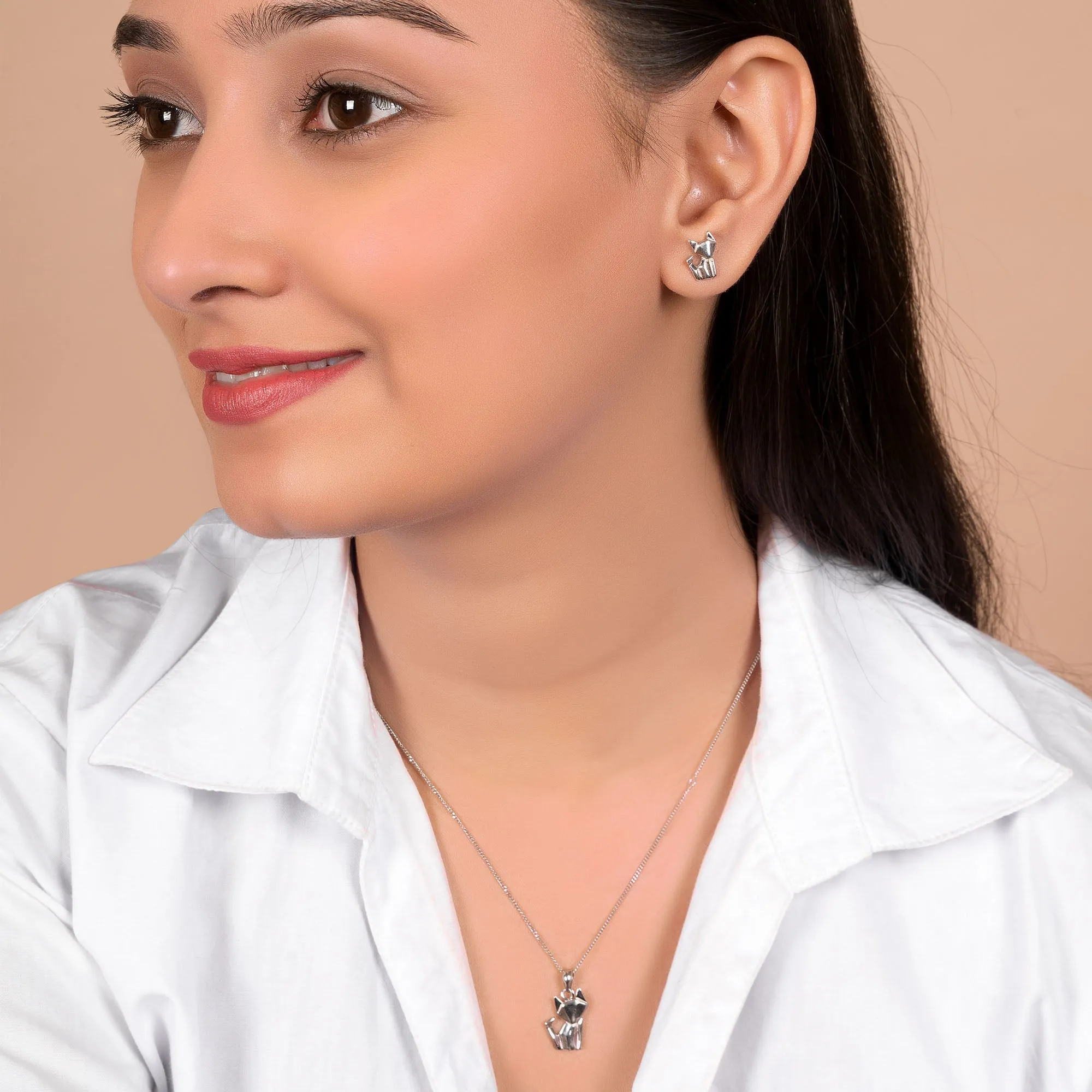 3D Geometric Jewelry Set Cat Earrings & Necklace in Sterling Silver