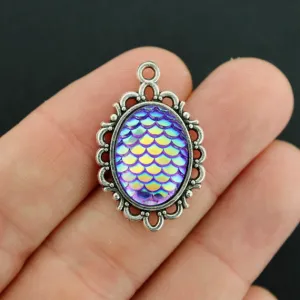4 Mermaid Scale Antique Silver Tone Cabochon Charms - Z717