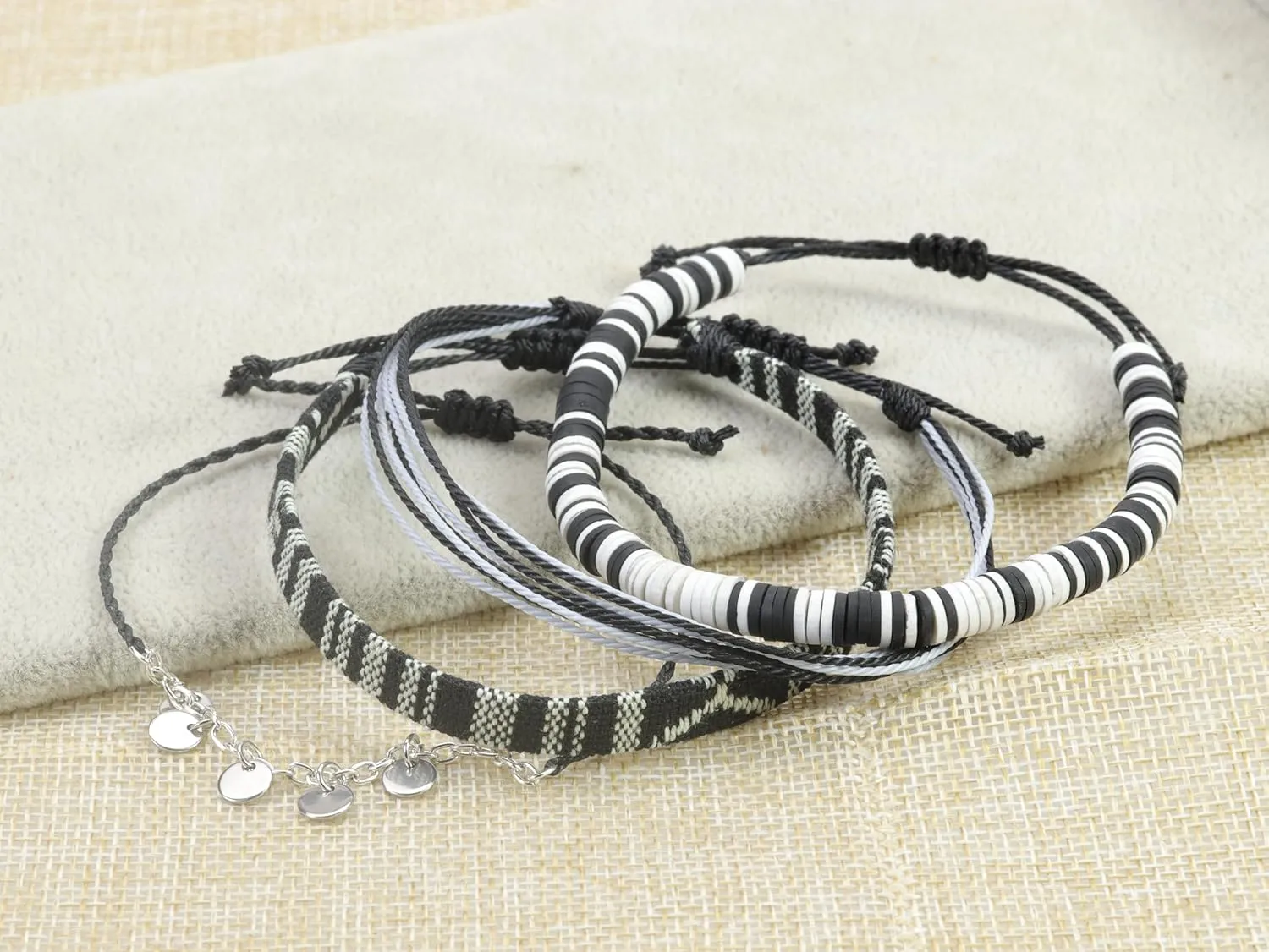 4pc Surfer Anklets for Men Waterproof String Rope Anklets Boho Clay Adjustable Beads Ankle Bracelets Cute Cloth Stainless Steel Anklet Set Beach Summer Jewelry for Women (4pcs boho anklets black)