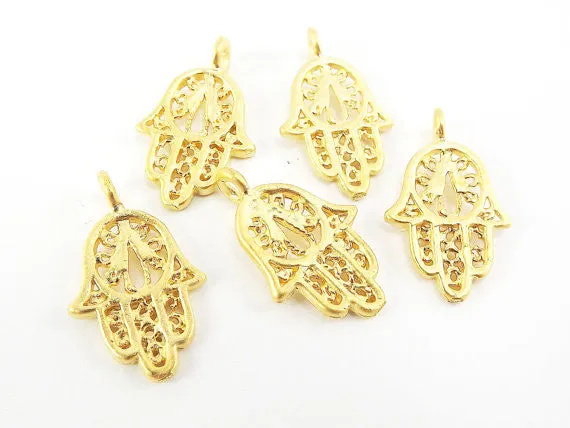 5 Filigree Mini Hand of Fatima Hamsa Charms - Type 2 Side Facing Loop - Matte Gold Plated
